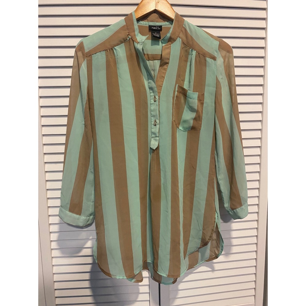 Rue21 Mint Green Tan Striped Sheer Roll Tab Sleeve Henley Blouse Small